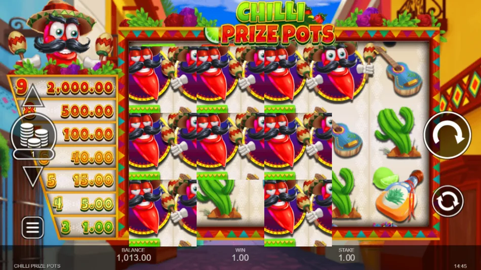 Nine Chilli symbols in view across the grid triggering the Chilli Prize Pots top award