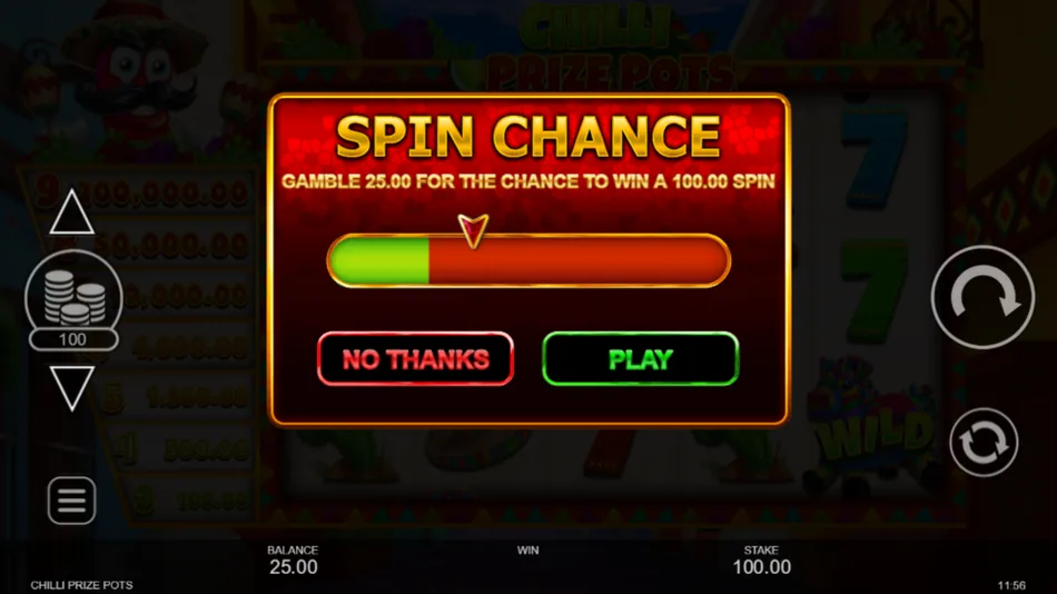 Spin Chance pointer meter with green and red segments in Chilli Prize Pots