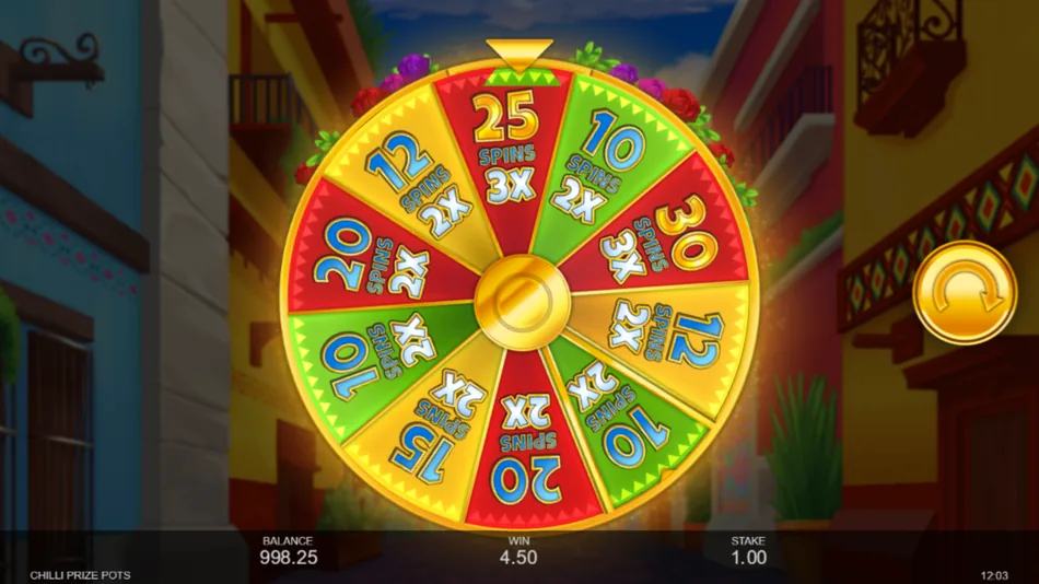 Free Spins wheel landing on 25 spins with x3 multiplier in Chilli Prize Pots