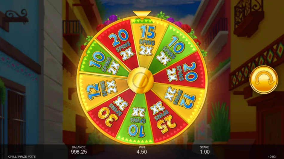 Free Spins wheel landing on 15 spins with x2 multiplier in Chilli Prize Pots