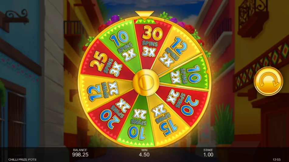 Free Spins wheel stopping on the 30 spins x3 multiplier segment in Chilli Prize Pots